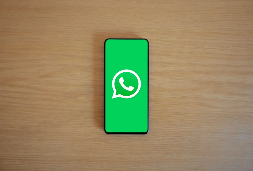 A Smartphone Displaying Whatsapp Logo On A Wooden Background Scaled 1